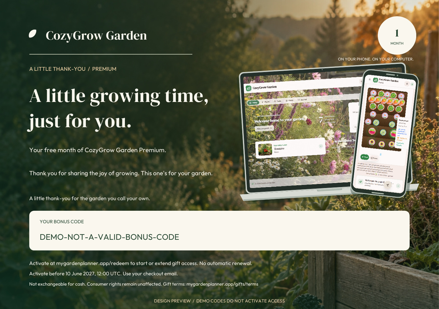 Matching garden postcard with CozyGrow on a laptop and phone, and a sample bonus code for the buyer's free month of Premium