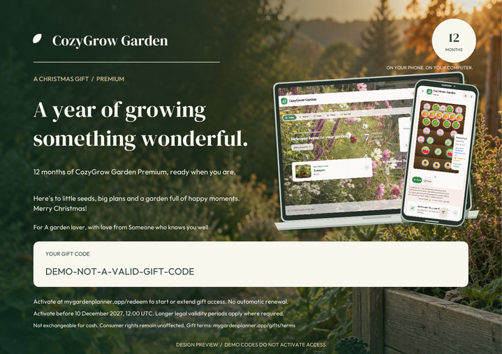 Sample Christmas gift postcard with a garden photograph and CozyGrow shown on a laptop and phone