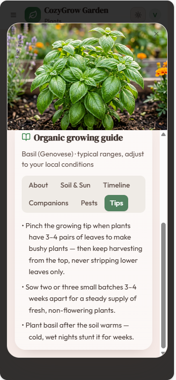 Basil organic growing guide in CozyGrow, with About, Soil and Sun, Timeline, Companions, Pests, and Tips tabs