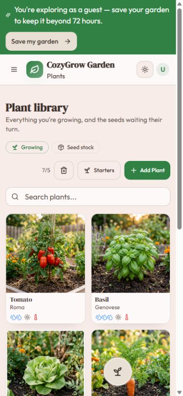 CozyGrow plant library with real demo cards for tomato, basil, lettuce, carrot and sunflower