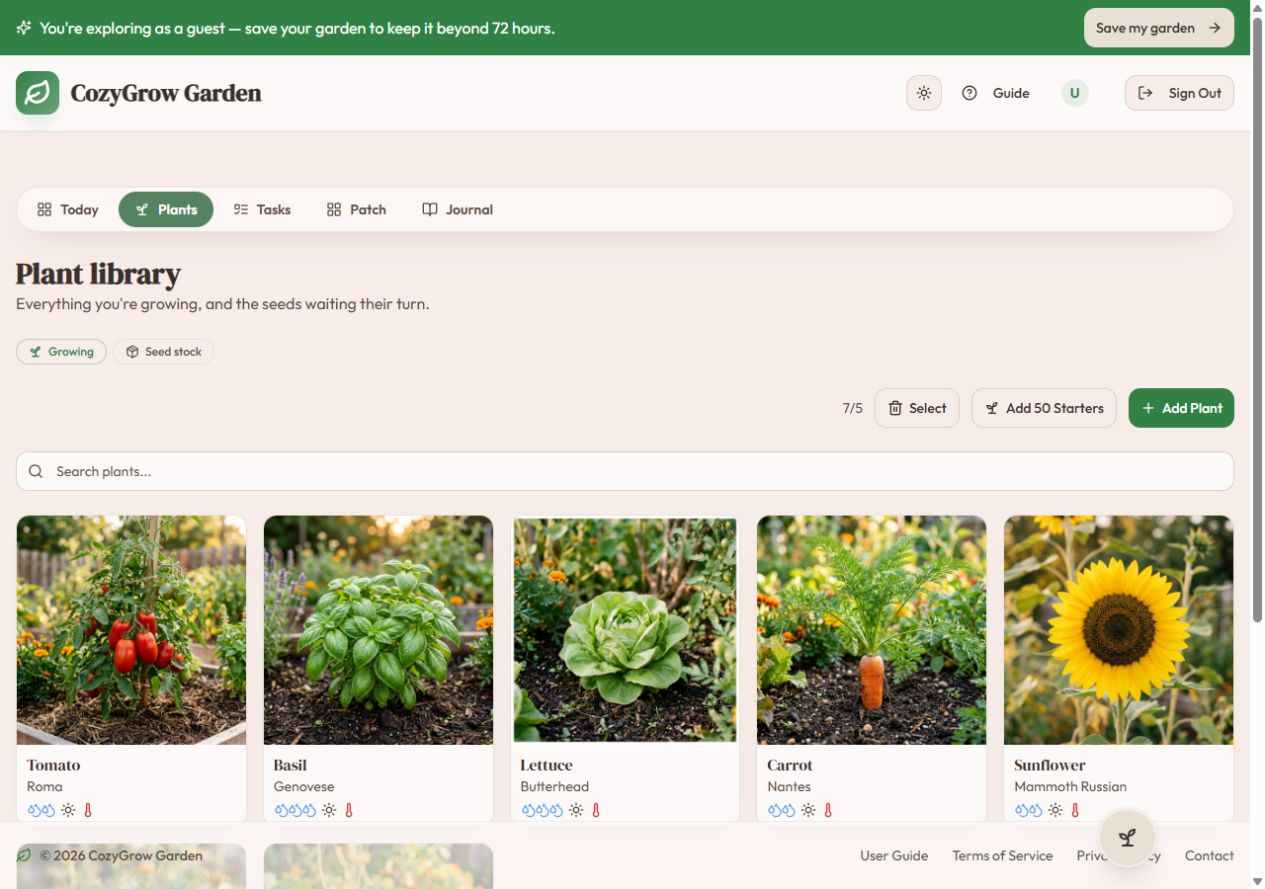 CozyGrow plant library with real demo cards for tomato, basil, lettuce, carrot, and sunflower